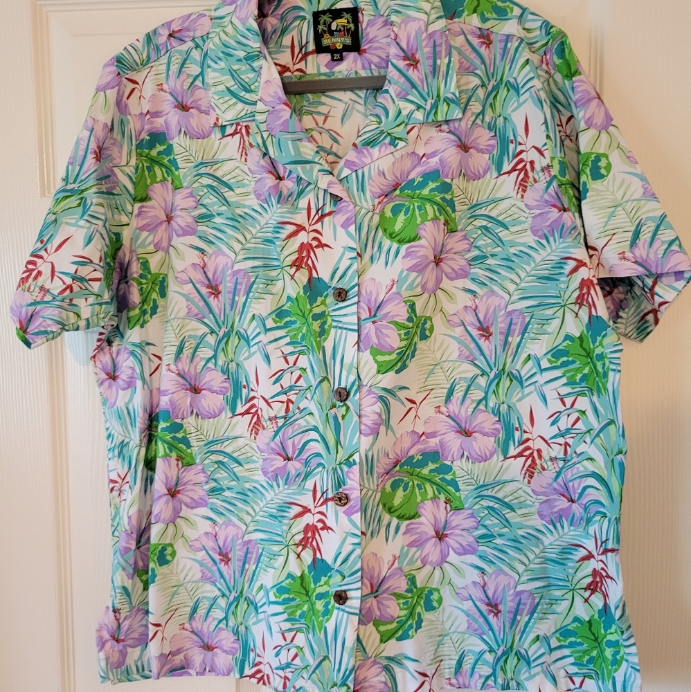 BENNY'S Womens Aloha Hawaiian Hibiscus Tropical Buttondown Shirt Size 2XL